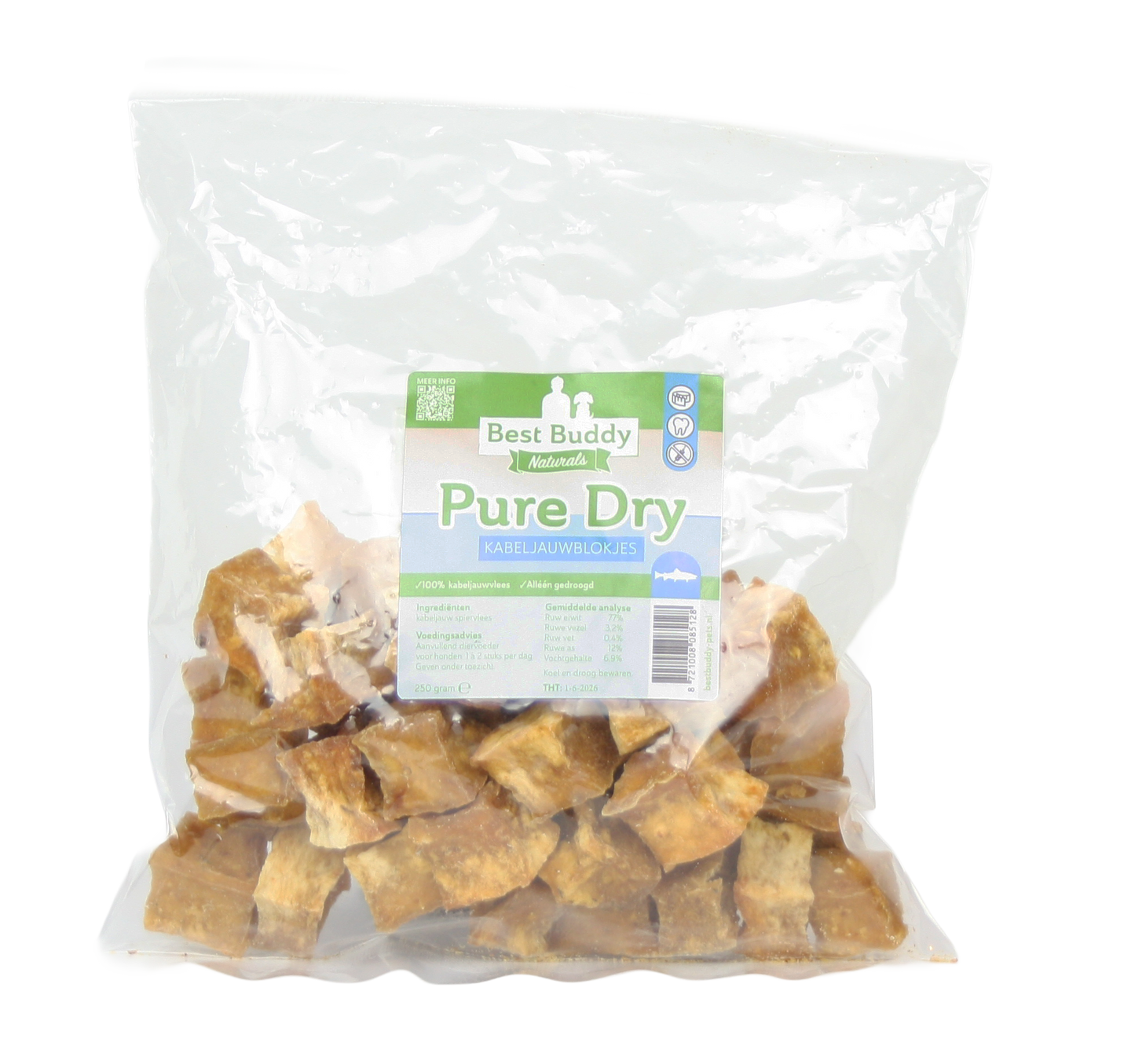 blokjes gedroogd kabeljauwvlees, in transparante verpakking.